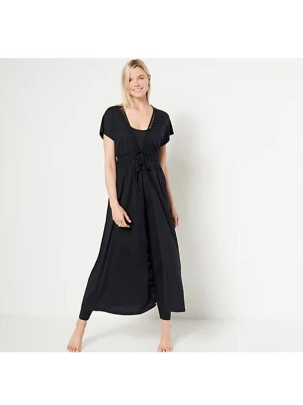 Belle Beach by Kim Cover Up sz XS / S Gravel Slub Knit Tie Front Black A499680